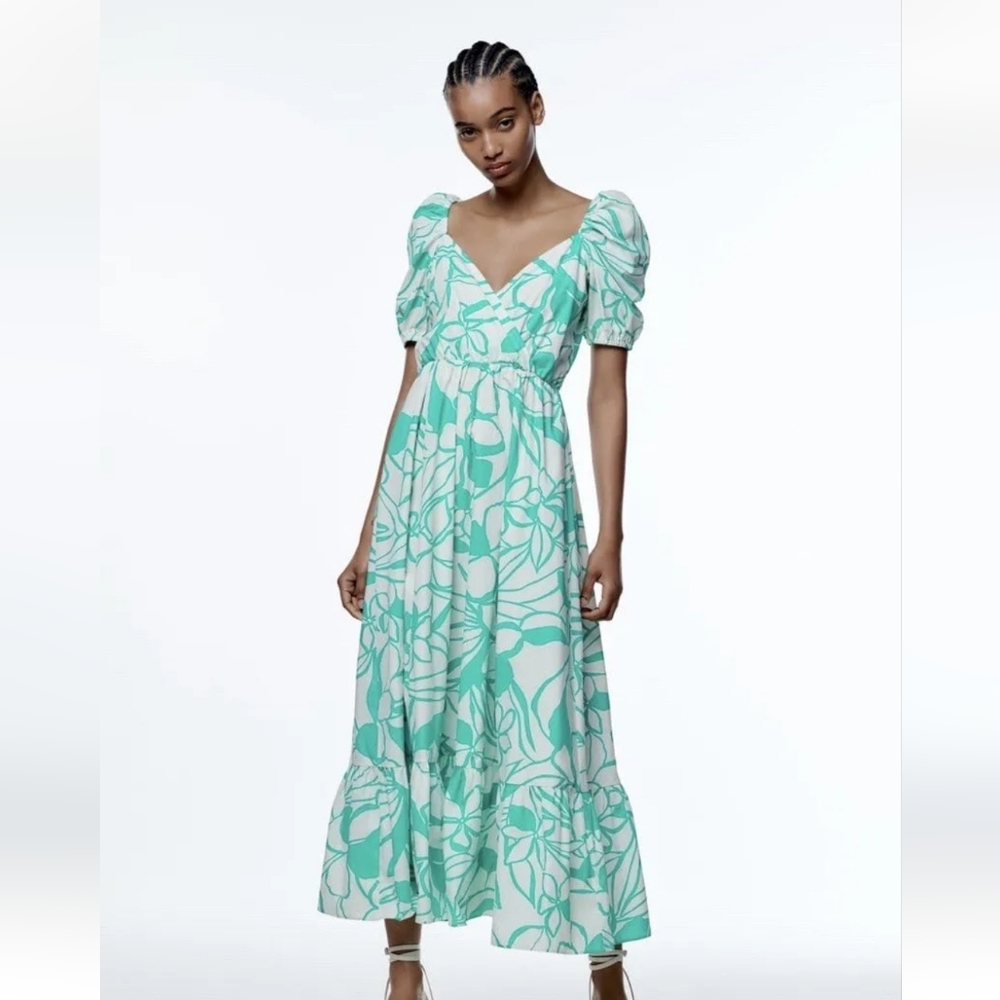 Zara 100% cotton floral print poplin sleeves midi dress - Picture 3 of 5